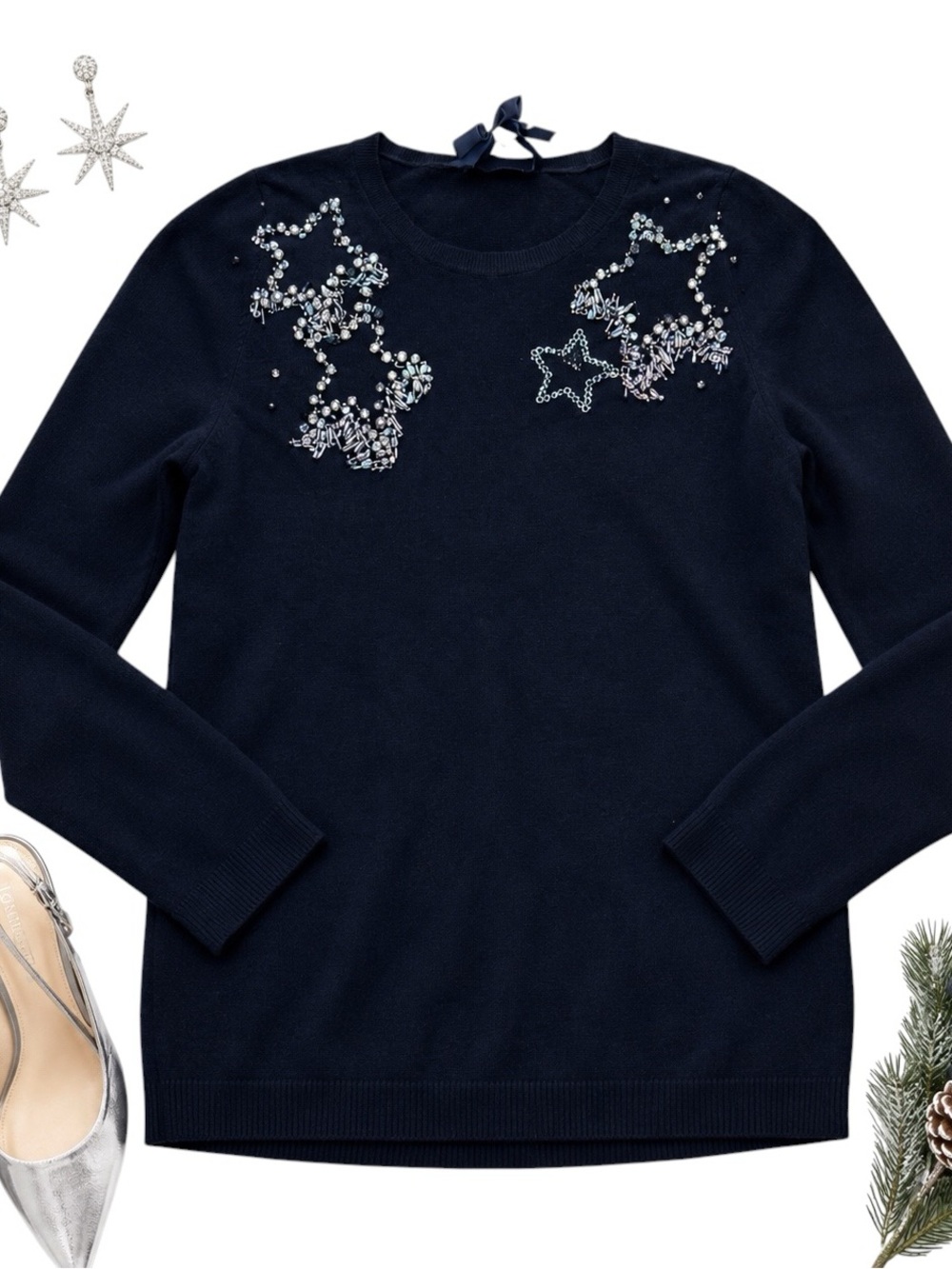 INC International Concepts Black Crystal Beaded Star Sweater Womens Medium M